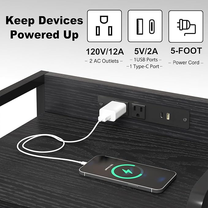 Fixwal Black Led Nightstand, Rear Charging Station, 2 Fabric Drawers | - Image 5