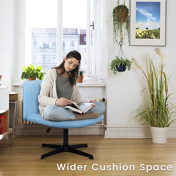 PUKAMI Criss Cross Chair,Armless Cross Legged Office Desk Chair No Wheels,Fabric Padded Modern Swivel Height Adjustable Mid Back Wide Seat Computer Task Vanity Chair for Home Office (Light Blue)