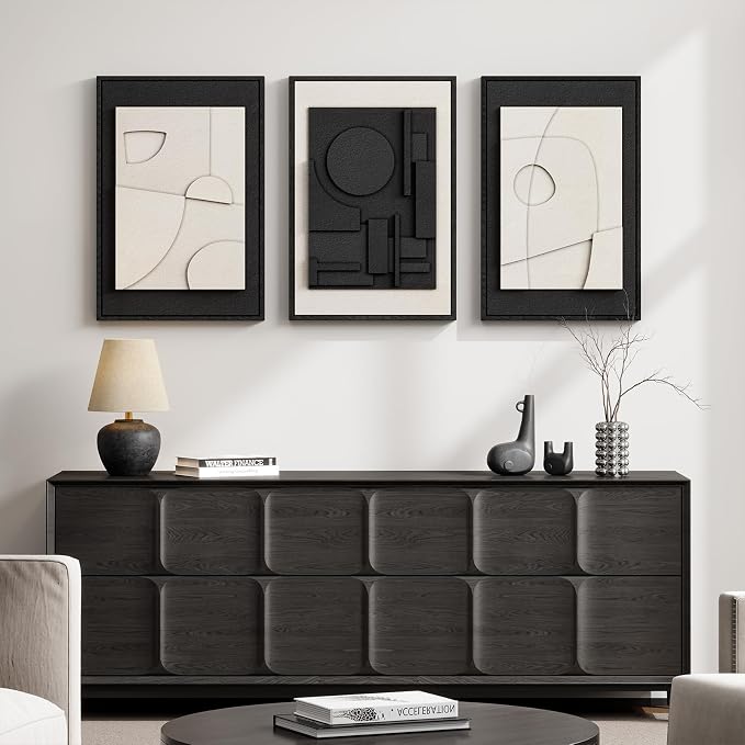 3D Textured Framed Black and White Abstract Wall Art Set of 3, 16x24 In | Solid - Image 5