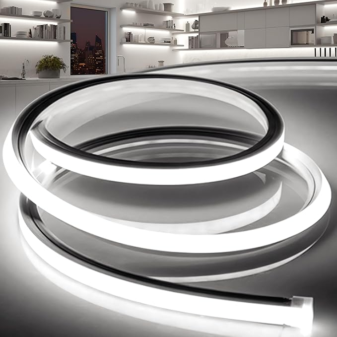 VOEWT LED Strip Lights Daylight White 6000K,98.4ft 110-120V Neon Rope Lights,Flexible Silicone Outdoor Waterproof Neon Strip Lights for Bedroom,Mirror,Kitchen Cabinet, Living Room,Halloween Decor