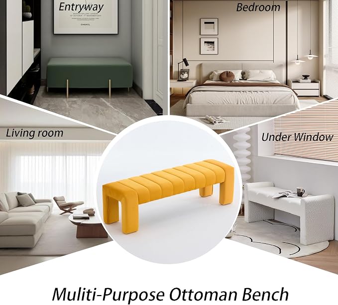 59" Velvet Bench for Bedroom King Size Bed Window End of Bed, Mustard Yellow | - Image 8