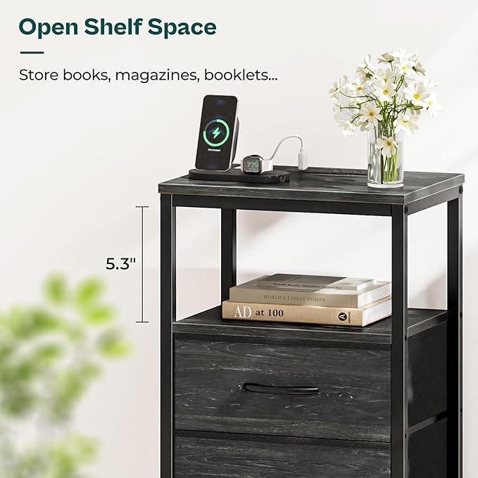 Huuger Nightstand with Charging Station, 27.6 Inch Bedside Table, Side Table | - Image 7