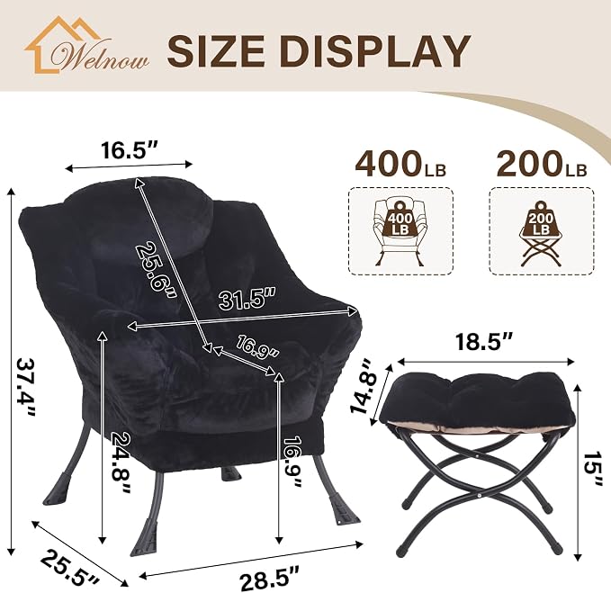 Welnow Lazy Chair with Ottoman, Reading Chair with Footrest, Plush Black | A - Image 3