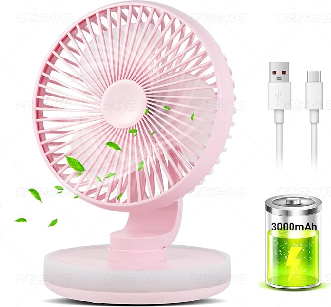 MAWFOZIN Small Desk Fan With Night Light, Auto Oscillating Table Fan With 3000mAh Rechargeable Battery, USB Personal Fan With 4 Speeds Wind, Adjustable Fan For Home, Office Bedroom, Camping (pink)