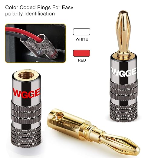 WGGE WG-029 Banana Plugs Audio Jack Connector, 24k Gold Dual Screw Lock Speaker Connector for Speaker Wire, Wall Plate, Home Theater, Audio/Video Receiver, and Sound Systems ((12 Pairs (24 Plugs)))