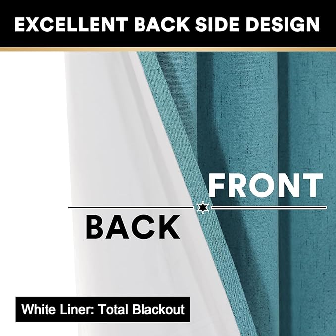 PrinceDeco 100% Blackout Curtains Linen Curtain for Sliding Glass Door Extra Wide Patio Door Curtains for Sliding Glass Door Room Divider for Bedroom/Living Room,W100 X L108, Teal Blue