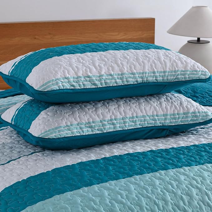 Dinjoy King Boho Striped Quilt Set, Teal Lightweight Bedspread Bedding | Soft - Image 8