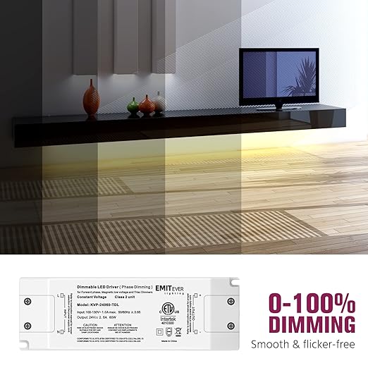 EMITEVER 60W Triac Dimmable Driver,Power Supply,AC 120V to DC 24V Transformer,Compatible with Lutron and Leviton Dimmers,for LED Lighting,Class 2,ETL Certified