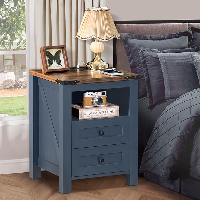 Joaxswe Nightstand with Charging Station, Farmhouse Night Stand with 2 Drawers - Image 7