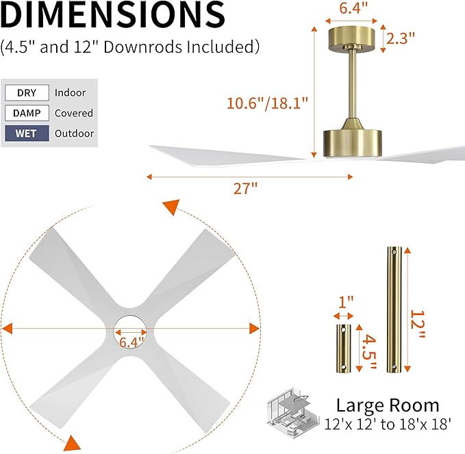 WINGBO 54" Wet Rated Outdoor Ceiling Fan with Lights, 4 ABS Plastic Blades, Reversible DC Motor, 6-Speed Remote Control, 3 CCT, Waterproof Ceiling Fan for Patio Porch Gazebo Garage, Brass and White