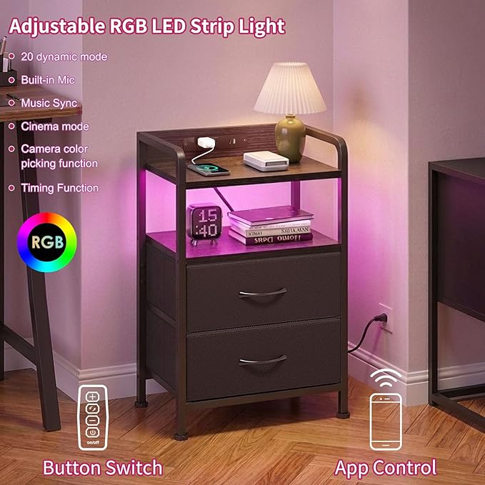 Fixwal Black Led Nightstand, Rear Charging Station, 2 Fabric Drawers | - Image 4