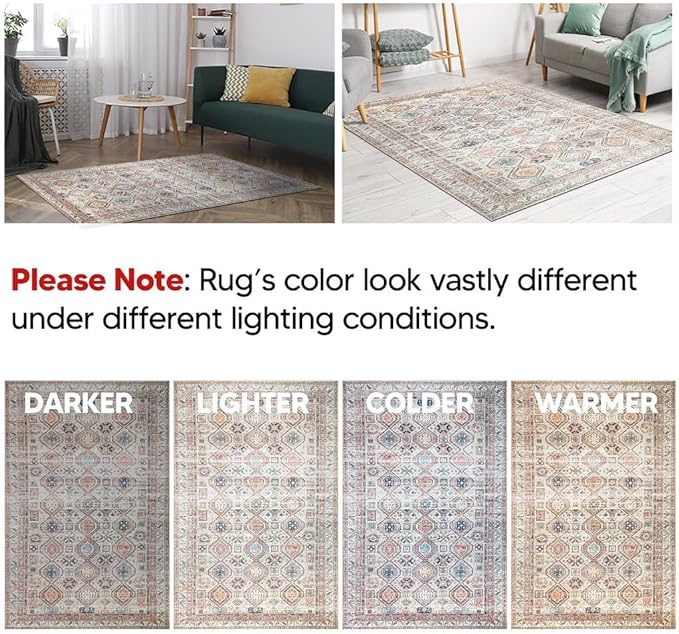 Keen Home Design 5x7 Rug - Machine Washable Area Rug with Non-Slip Backing, Ideal for Living Room, Dining Room, Bedroom - Vintage, Easy Clean, Durable, Low Pile Rug - (5' x 7')