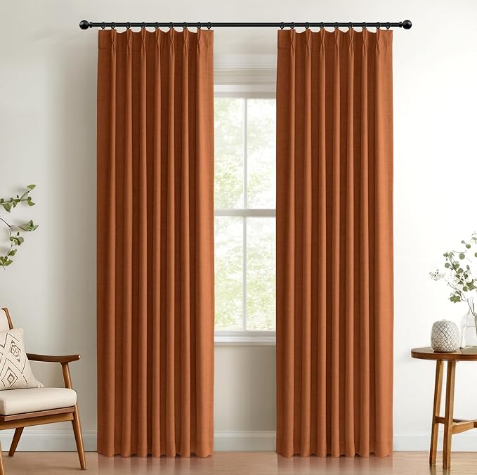 Pinch Pleated Full Blackout Faux Linen Curtains 90 Inches Long | Burnt Orange by 100BlackoutShield