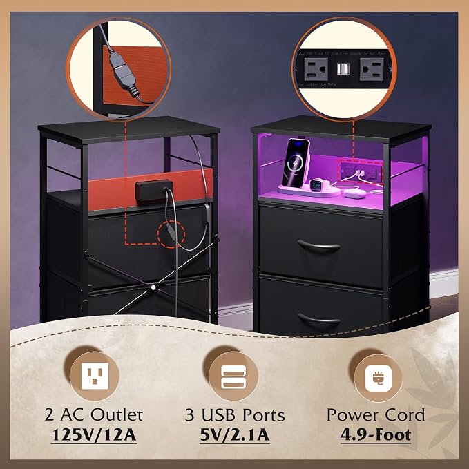WLIVE Nightstand with Charging Station, 31.9" H Nightstand with 3 Fabric Drawers - Image 6