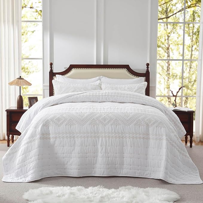 100% Cotton 3-Piece Quilt Set White Full Queen Size Lightweight Bedspread - Image 2