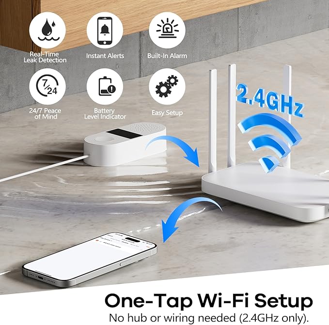 WiFi Water Leak Detector 4 Pack - Smart Water Leak Sensors with Tuya App Alerts, 130dB Loud Siren, 39" Extended Probe, Battery Powered, No Hub Required for Kitchen Bathroom Basement Laundry Room