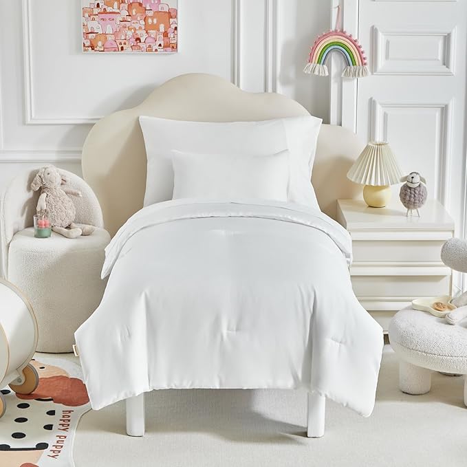 Toddler Bedding Set - 5 Piece Soft and Breathable Toddler Bed Set for Boys and Girls, Includes Quilted Comforter, Fitted Sheet, Flat Top Sheet, Standard Pillowcase and Toddler Pillowcase, White
