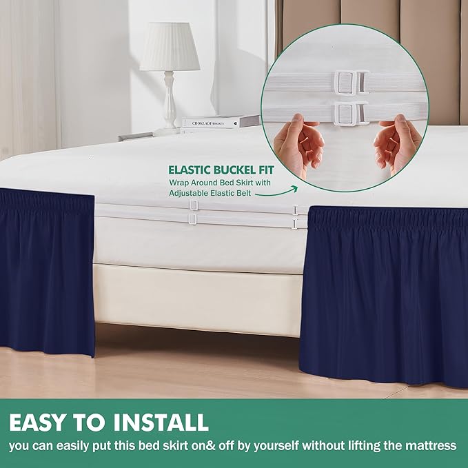 Biscaynebay Wrap Around Bed Skirts with Split Corners for King Beds 14" Drop, Navy Elastic Dust Ruffles Adjustable Easy Fit Wrinkle & Fade Resistant Silky Luxurious Fabric Machine Washable