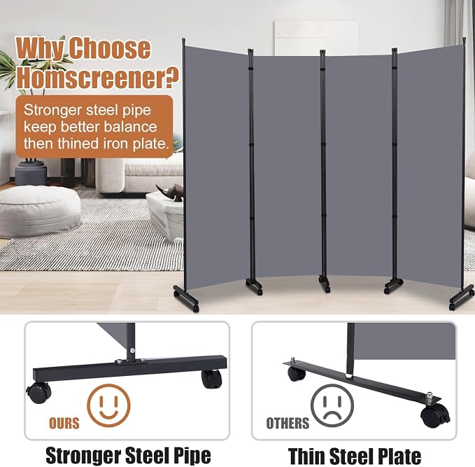 Room Divider 88'' Wide Folding Privacy Screens, 4 Panel Wall Divider w/Wheel | - Image 3