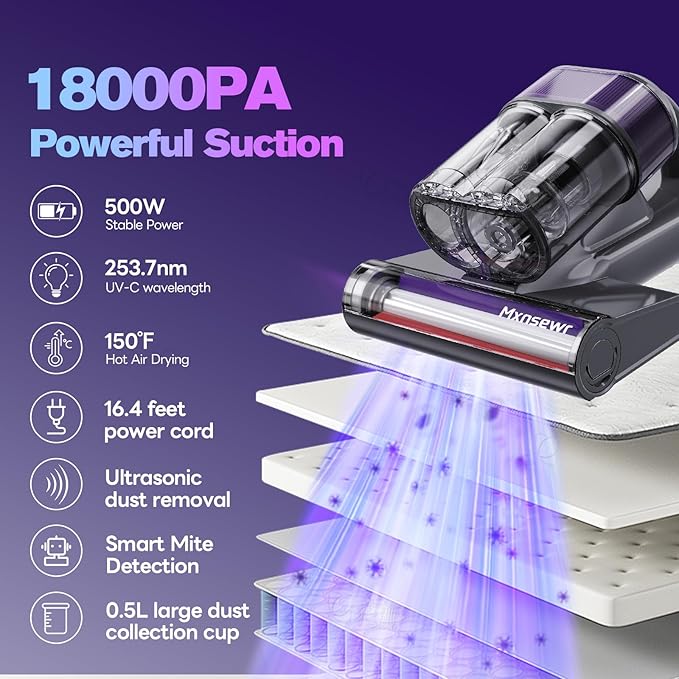 Mxnsewr Mattress Vacuum Cleaner, Ultrasonic Bed Vacuum Cleaner with 18Kpa Strong Suction, 150°F Heat & 253.7nm UV-C Light, Intelligent Dual Cup, One-Click Dust Removal for Bed, Sofa, Pet Hair, Grey