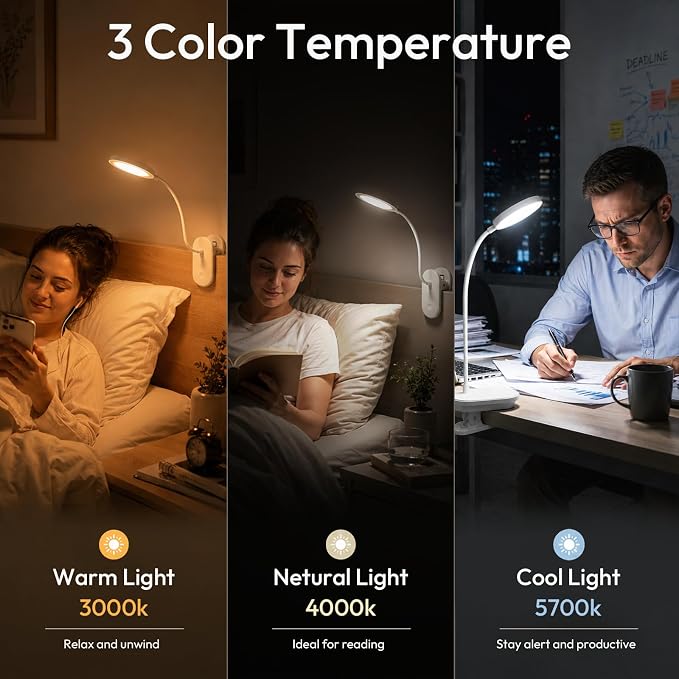 Clip on Light, Stepless Dimmable & 3 Colors Touch Control Clip On Bed Light. - Image 3