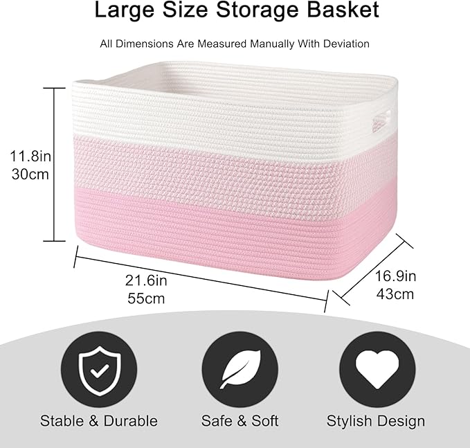 OIAHOMY Blanket Basket Laundry Basket Dog Toy Basket 75L Pink/White | Large - Image 3