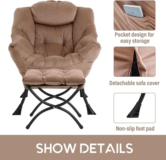Lazy Chair with Ottoman, Comfy Accent Reading Chair, Dark Brown | Foldable - Image 5