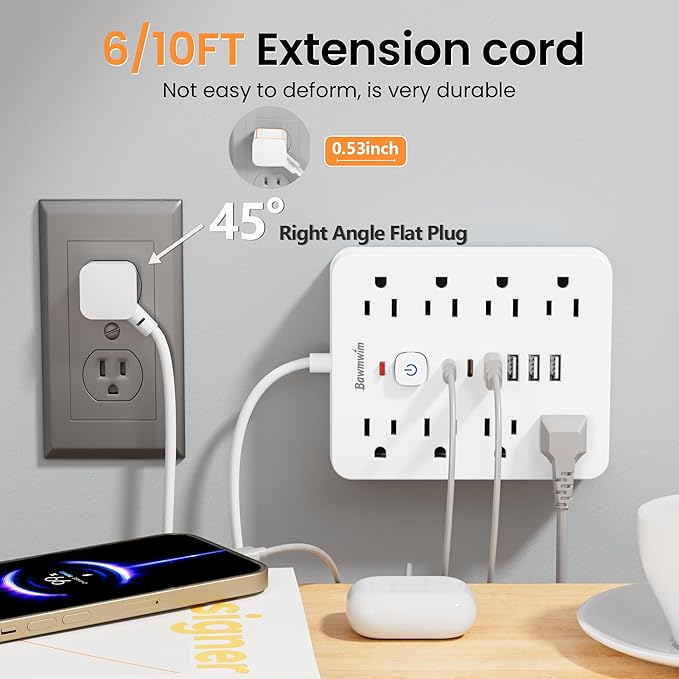 Bawmwim Surge Protector Power Strip - 8 Outlets(1250W/10A) 4 USB A（2 USB C, 6FT Flat Plug Extension Cord, Wall Mount Multi Plug Outlet Extender, ETL Listed for Home, Dorm Room
