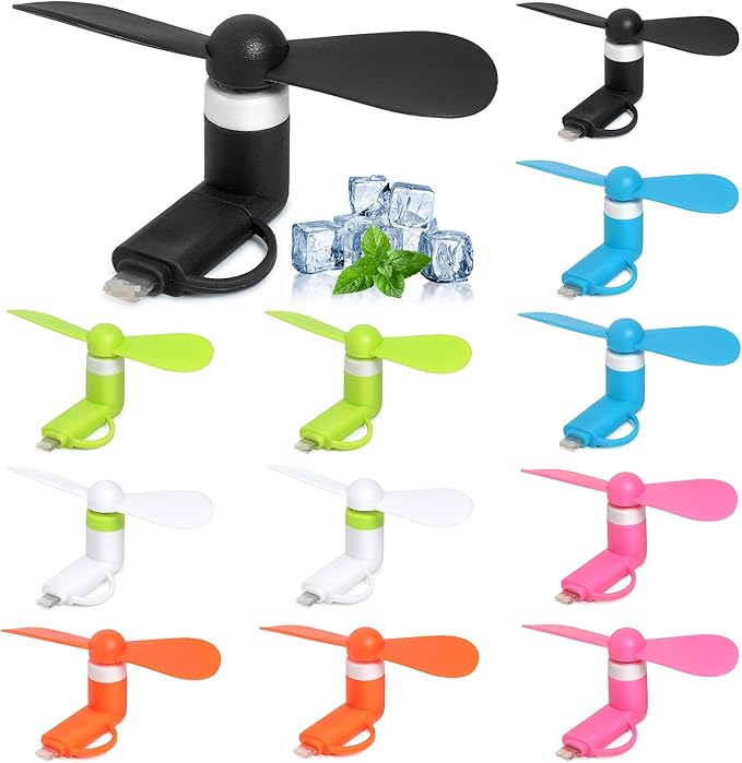 Aeergured Mini Cell Phone Fan 12 Pack, 2-in-1 Fan Compatible for iPhone, iPad, Android Smartphone,Tablet Fit for Type C/Lightning Port Colorful and Powerful Cell Phone Summer Accessories