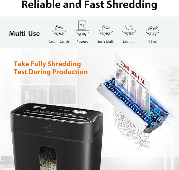 VidaTeco Paper Shredder for Home Use 6-Sheet Cross-Cut Shredder,Also Shred Card/Clip/Staple,P-4 Higher Security,Small Document Shredding Machine for Office,Heavy Duty with Jam Proof,3.04-Gal Bin