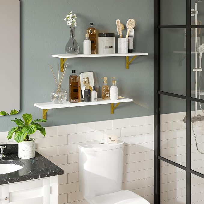 Long Wall Shelves, 31.5Inch Wooden Wall Mounted Shelves, Metal Brackets - Image 4