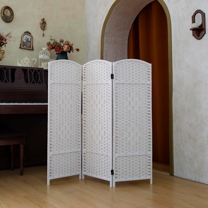 Compact 3 Panel Short Room Divider, 47.2 Inch Tall Double-Sided Rattan Folding by PawlaBay