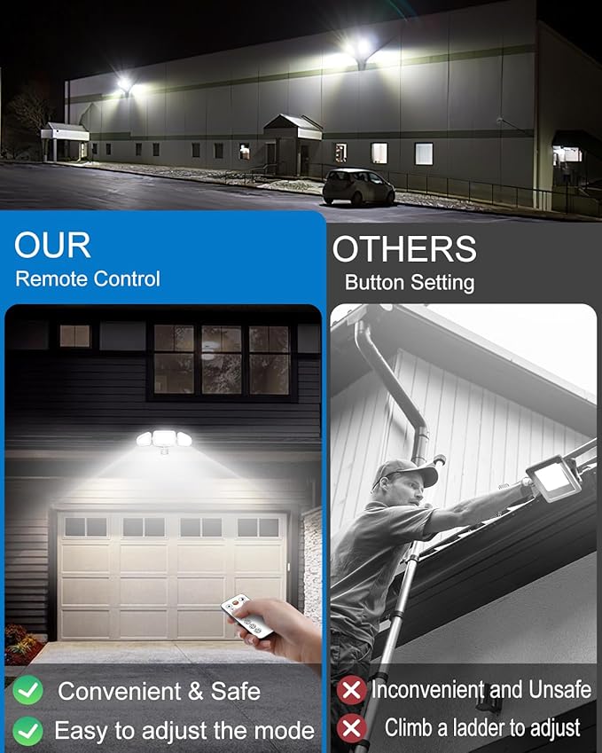CLY 42W LED Security Lights Motion Sensor Light, 3600LM 5000K, IP66 Waterproof Outdoor Flood Lights, Adjustable Brightness 3 Head Floodlight Remote Control 4 Modes for Garage Yard Eave -White