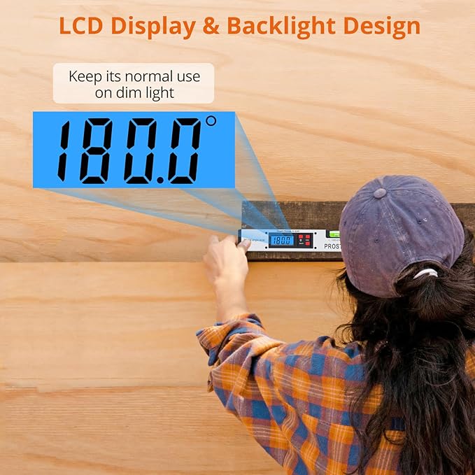 Proster 0-225° Digital Angle Finder Protractor - Aluminum Angle Gauges 225° 16 inch Backlit LCD Protractor with Horizontal and Vertical for Carpenter Woodworking Home Decoration