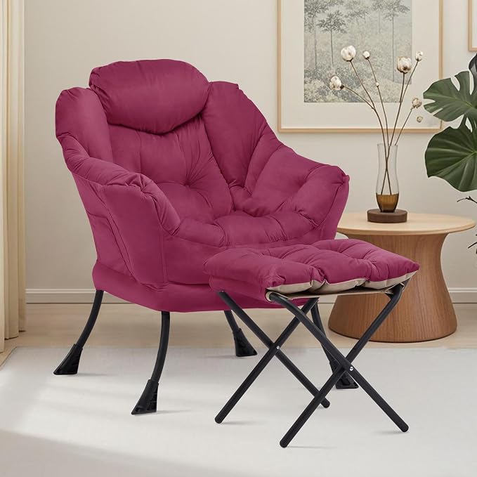Lazy Chair with Ottoman, Comfy Reading Chair, Burgundy | Cushioned Seat with - Image 2
