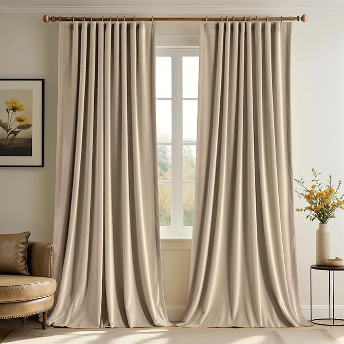 MIULEE Camel Beige Velvet Pinch Pleat Blackout Curtains W52 X L96 Inches | 2 by MIULEE