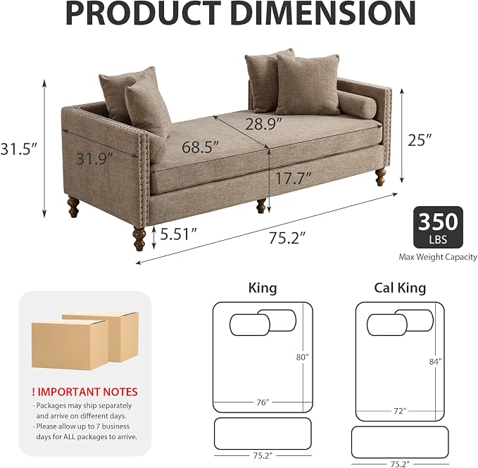 75.2" Oversized Chaise Lounge, Chenille End of Bed Bench - Image 2