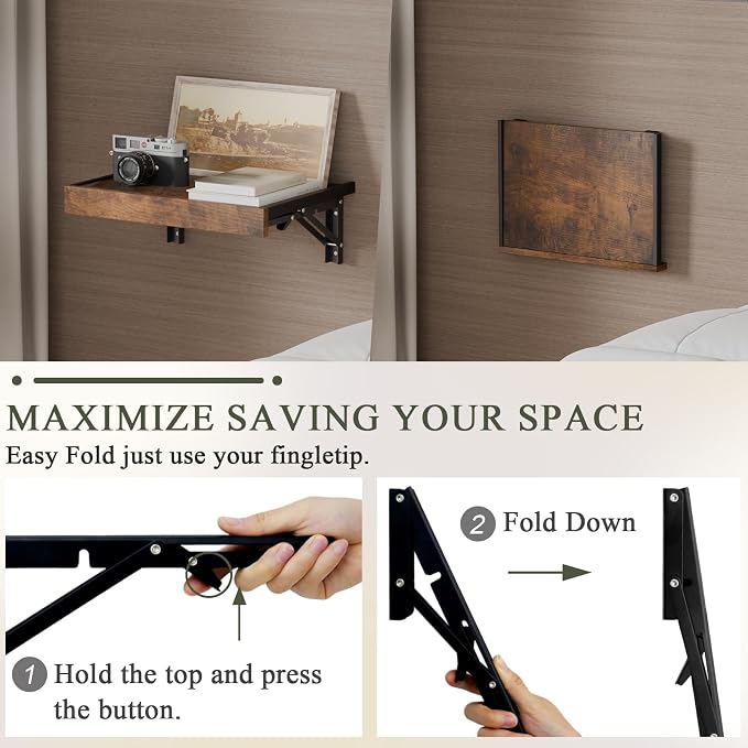 TEAMIX Wall Mounted Bedside Shelf, Wood Floating Nightstand, Folding Bedside - Image 5