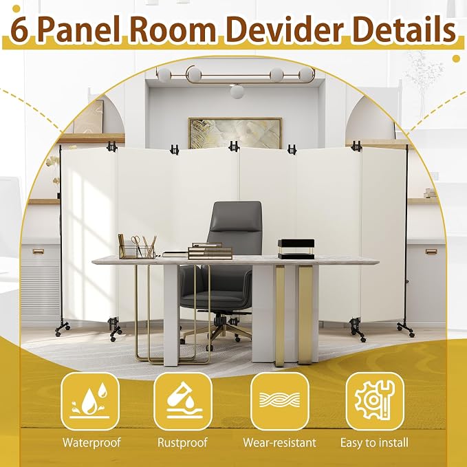 6 Panel Room Divider with Lockable Wheels, Freestanding Partition Room - Image 4