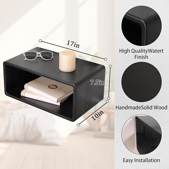 Floating Nightstand Oak Wooden Shelf Wall Mount - Image 2