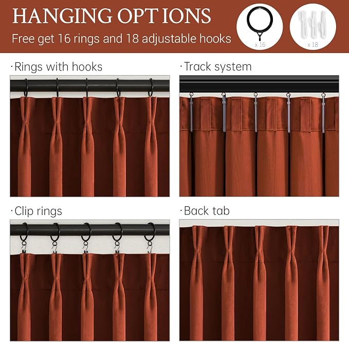 Burnt Orange Soft Velvet Pinch Pleat Blackout Curtains 96 Inches Long Thermal - Image 4