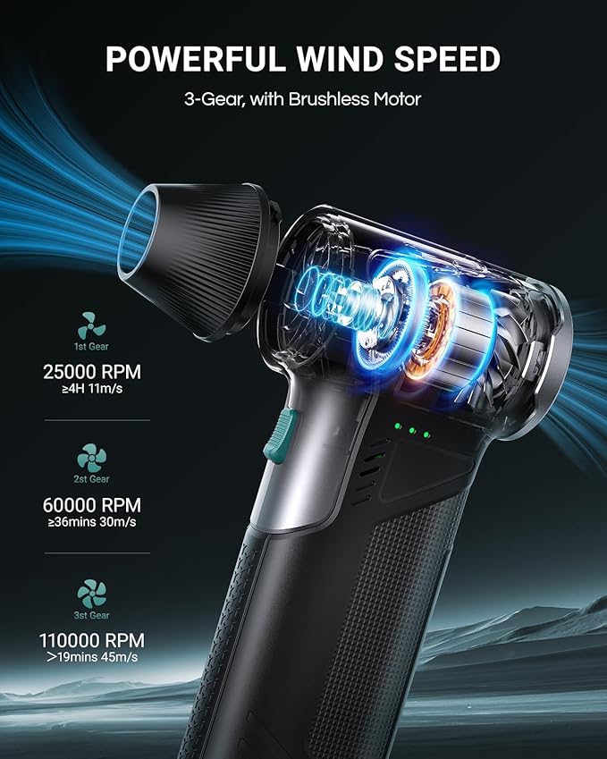 VANTRUE POWER T150 Compressed Air Duster 110000RPM Super Power Electric Duster, 3-Gear Adjustable Mini Blower with Fast Charging, Dust Blower for Computer, Keyboard, House, Outdoor,AC,PC and Car