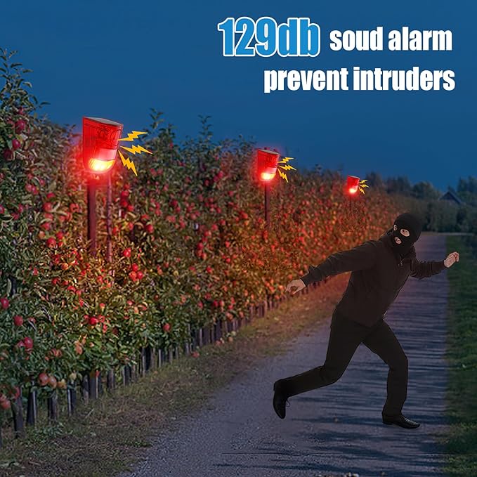 Qualirey 8 Pack Solar Sound and Light Alarm Motion Sensor 129db Outdoor Security Siren Waterproof Motion Activated Detector Alarm 6 LEDs Flash Warning Strobe System for Home, Farm (Red)
