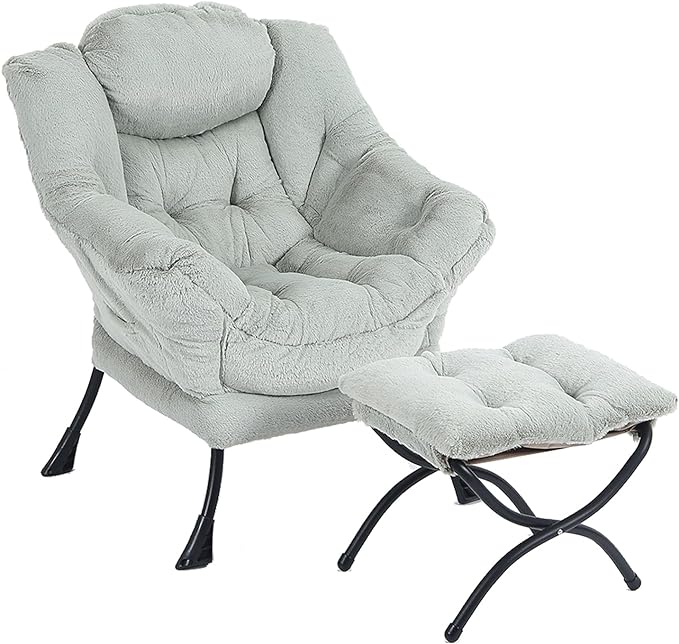 Lazy Chair with Ottoman, Comfy Accent Reading Chair, Plush Green | Foldable by LITA