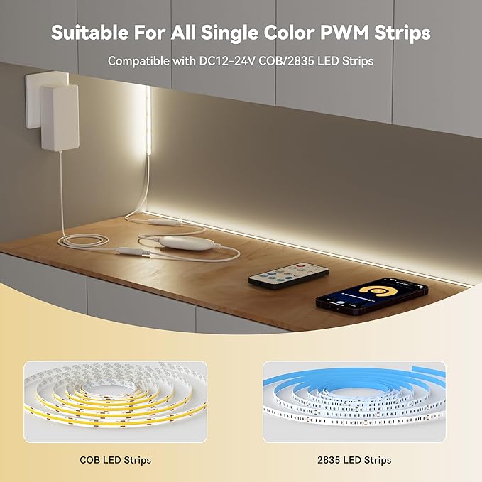 PAUTIX RF WiFi Smart Remote Dimmer for Single Color LED Strip Lights,Compatible with Alexa and Google,14-Key Wireless Remote,DC 12-24V Controller for 3528/2835/5050/COB LED Strip Light