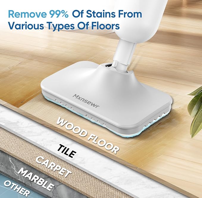 Mxnsewr Steam Mop All-in-one Multi-Functional Powerful Steam Cleaner, Handheld Detachable Floor Steamer with 2 Steam Level, 380ML Water Tank & 23FT Power Cord for Whole Home Use（White)