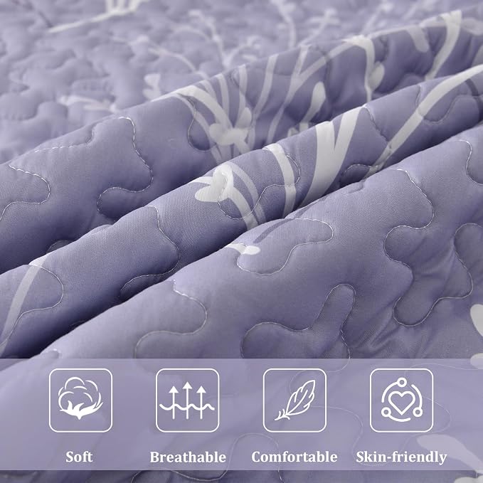 DJY Purple Quilt Set Queen Size Branch Botanical Bedspread Coverlet Set | 3 - Image 6