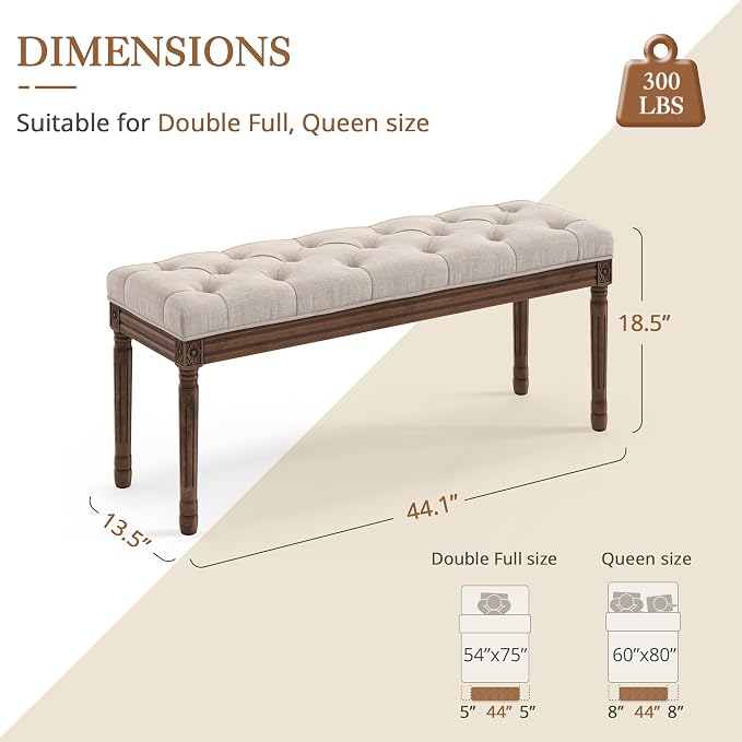 LUE BONA 44" Bedroom Bench, Fabric End of Bed Bench, Upholstered French Tufted - Image 3