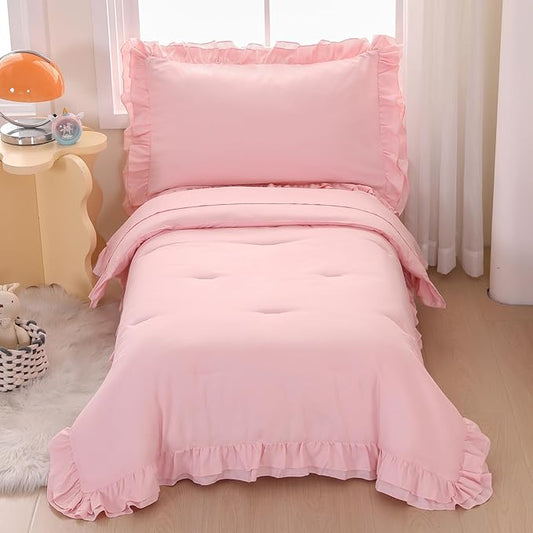 Wowelife Pink Toddler Bedding Set for Girls Toddler Bedding 4 Pieces Boho Tufted Comforter with Ruffles Design Toddler Girl Bed Set with Comforter, Fitted Sheet, Flat Sheet and Pillowcase