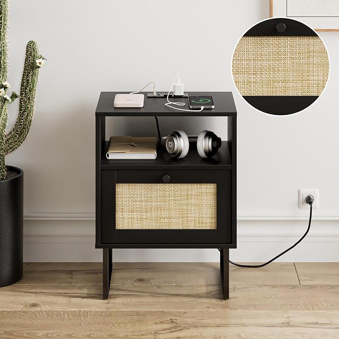 Masupu Rattan Nightstand with Charging Station, Modern Boho Farmhouse Wood - Image 9